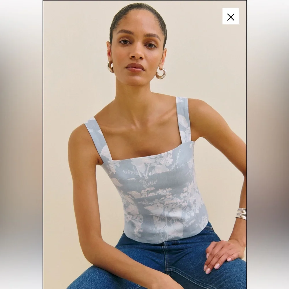 NWT Reformation Darci Linen Light Blue Floral Tank Top Sz 4 - Picture 3 of 5